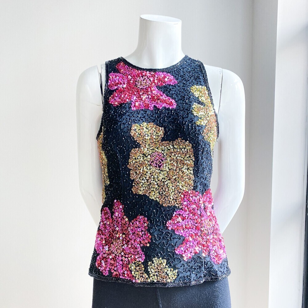 Vintage LAwrence Kazar Black Pink Gold Floral Fully Beaded Silk Sleeveless Top S